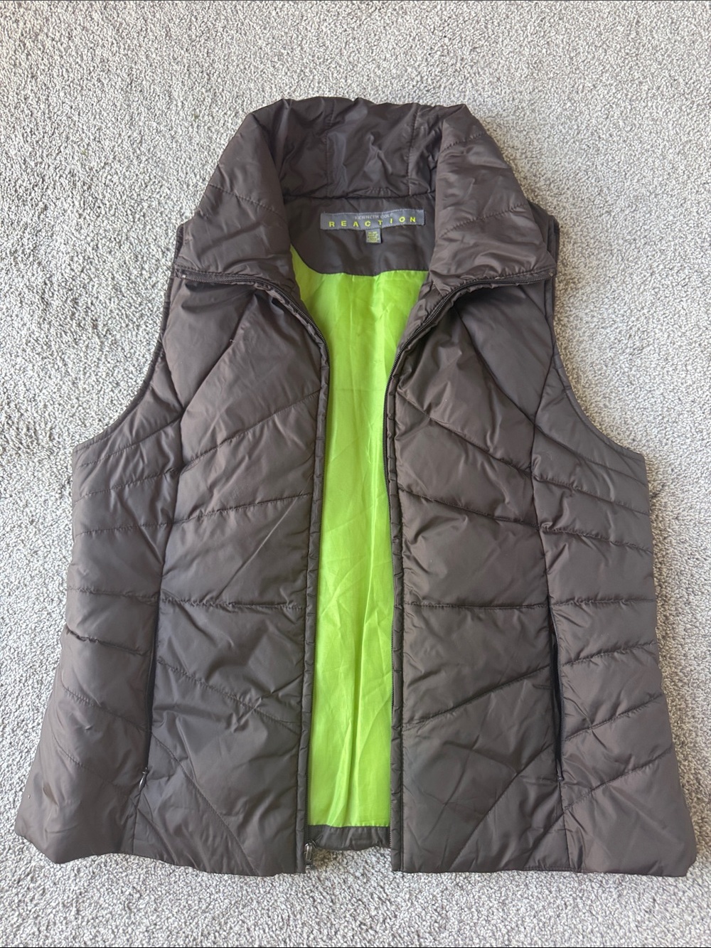 Reaction Kenneth Cole Brown Quilted Vest with Lime Green Lining